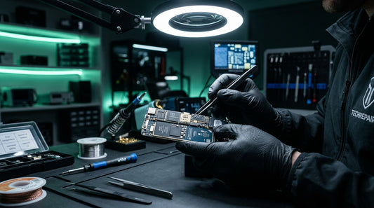 Black Mint technician inspecting refurbished device in quality control lab