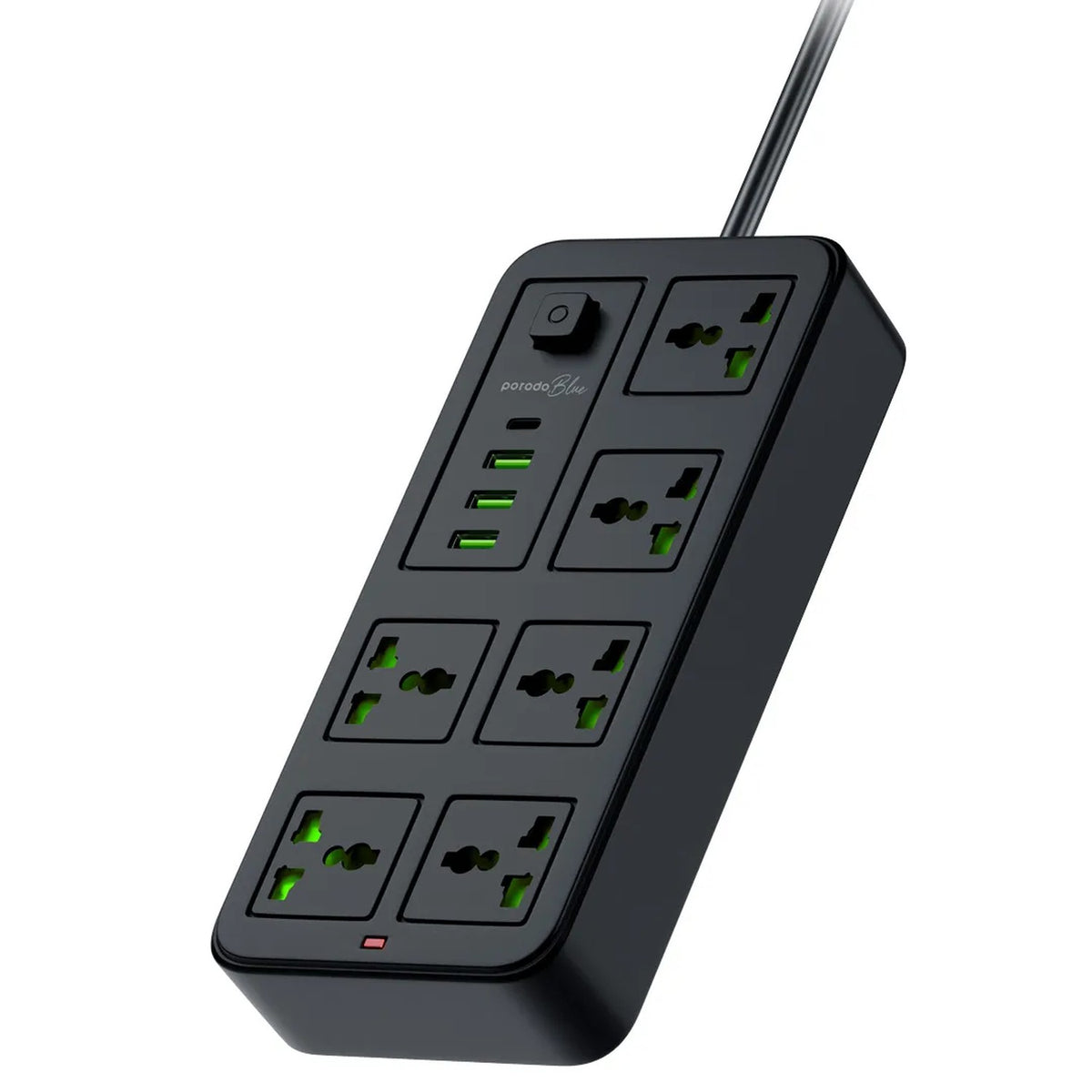 Porodo Blue 6 Universal Sockets Power Strip, 3 USB-A + 1 USB-C, 3 m