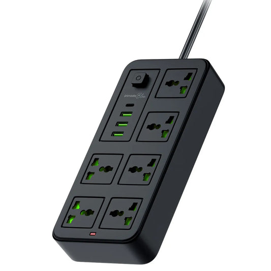 Porodo Blue 6 Universal Sockets Power Strip, 3 USB-A + 1 USB-C, 3 m