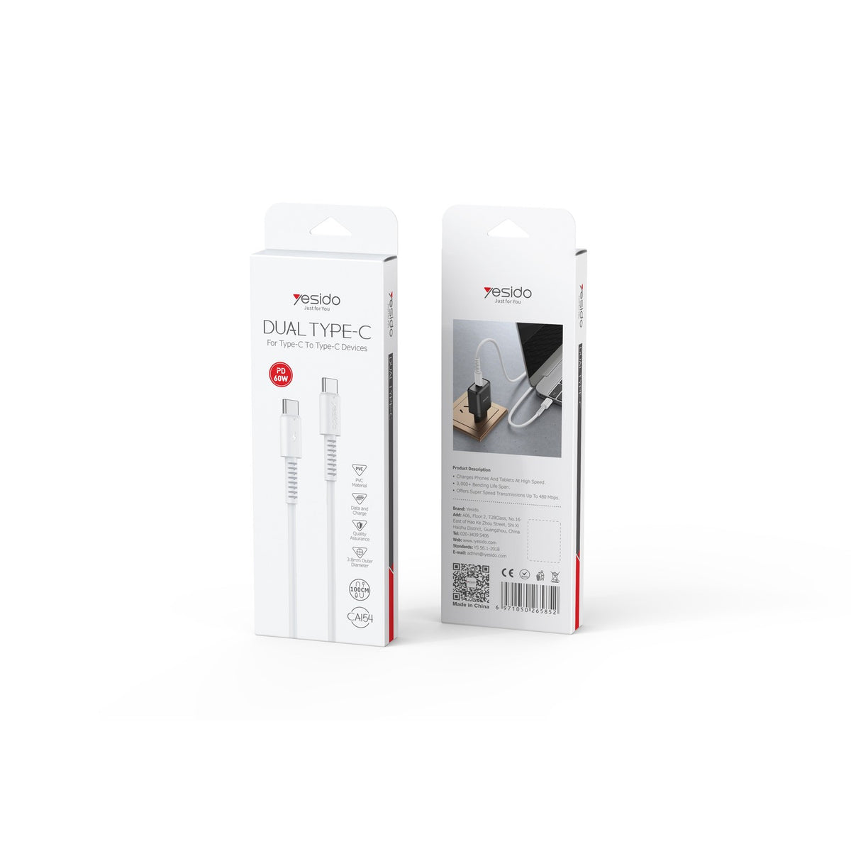 Yesido CA154 60W PD USB-C to USB-C Cable, 1m PVC Charging and Data Cable (2)