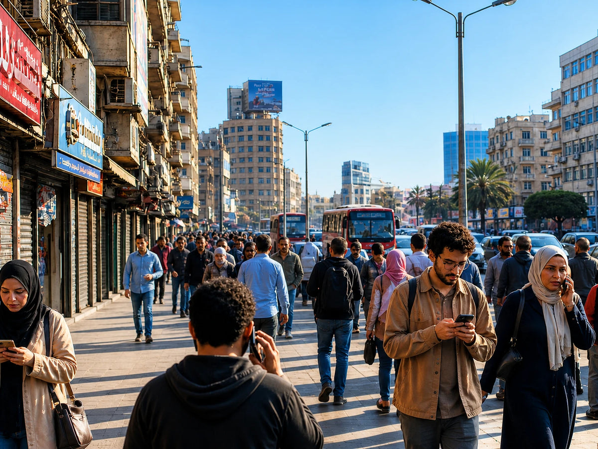 Busy Cairo street with people walking and using their phones