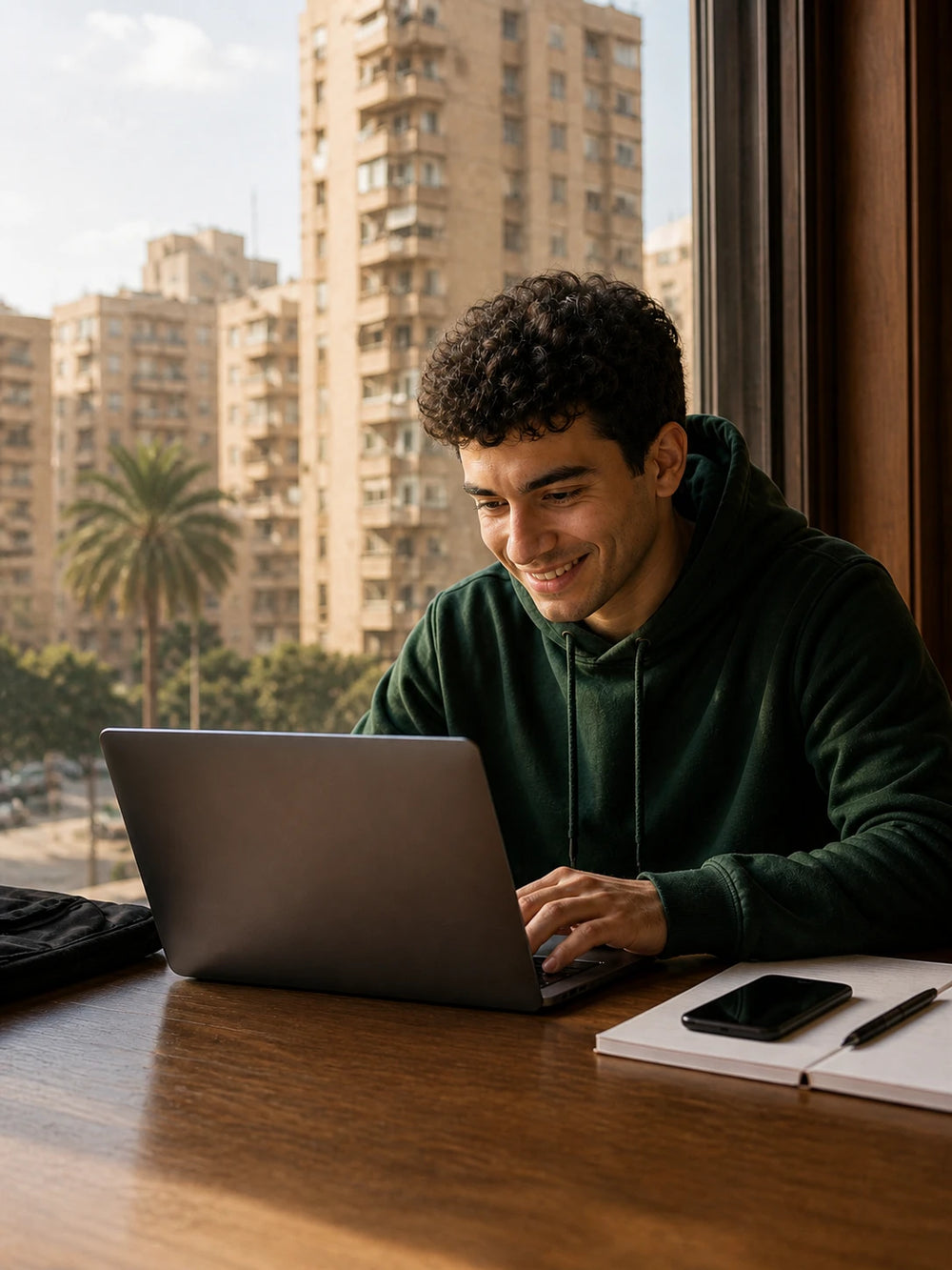 Young man smiling at his laptop by a window in Cairo