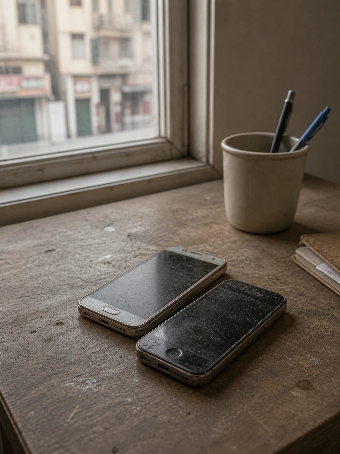 Two old, dusty smartphones left on a desk by a window