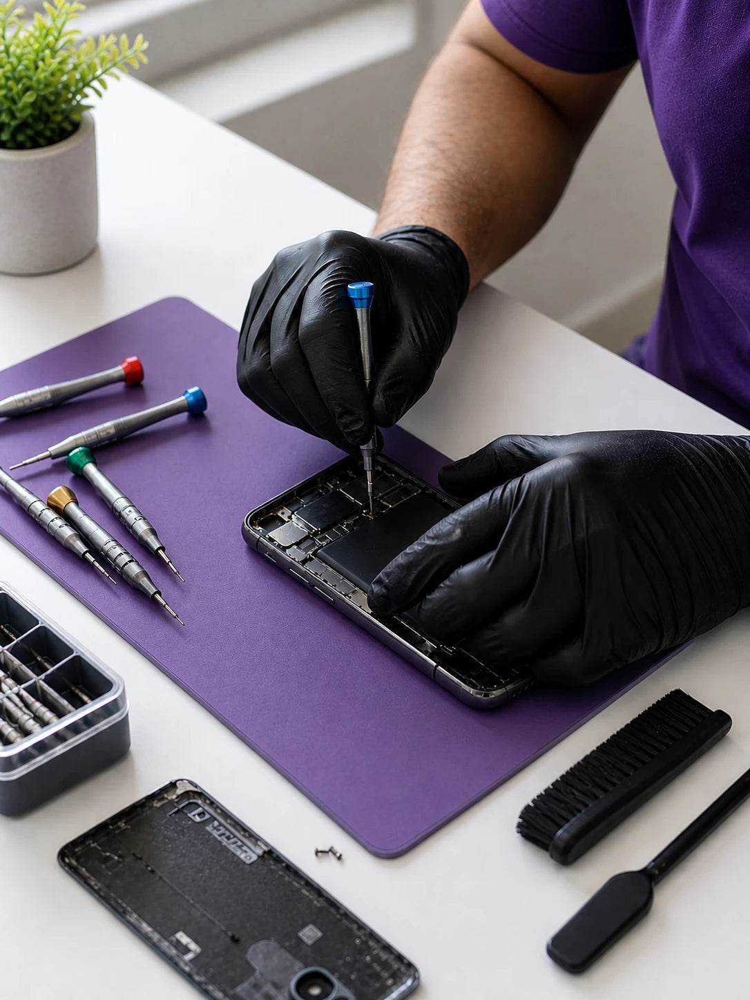 Technician in gloves repairing an iPhone on a work mat